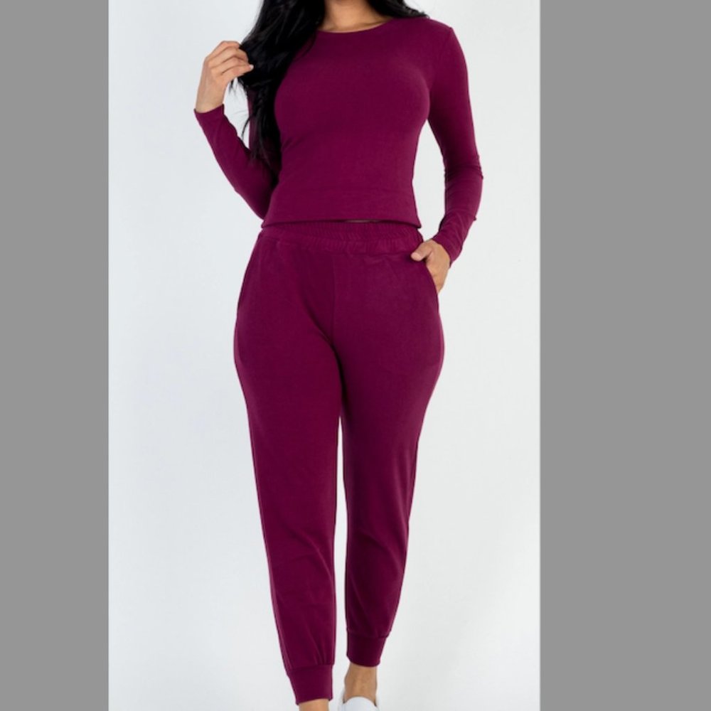 Taking A Break Ribbed Jogger Set NEW Burgundy!